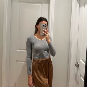 Frank and Oak cropped brown silk pants